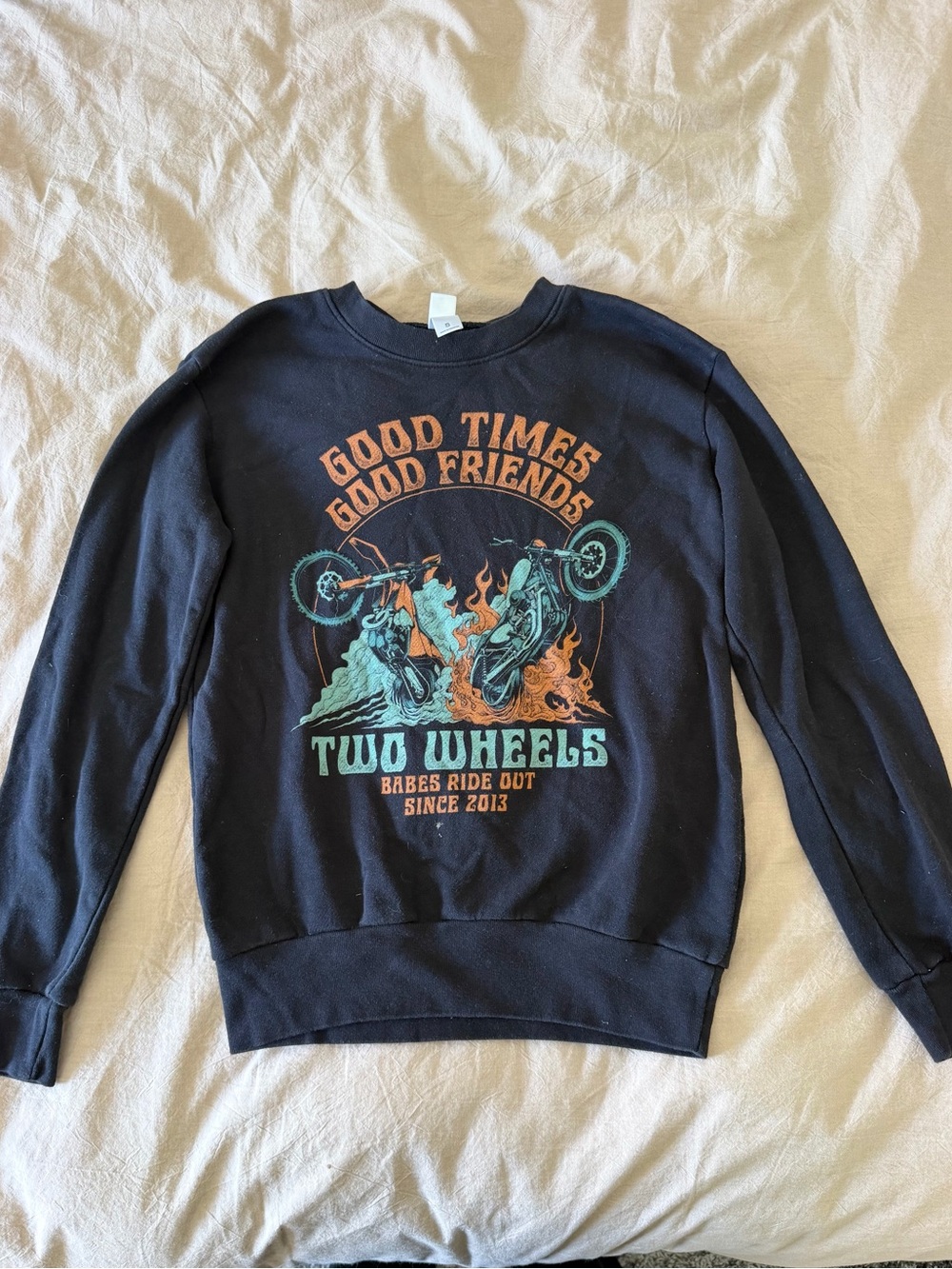 Babes Ride Out Women’s Black Crewneck Sweatshirt with Teal and Orange Moto